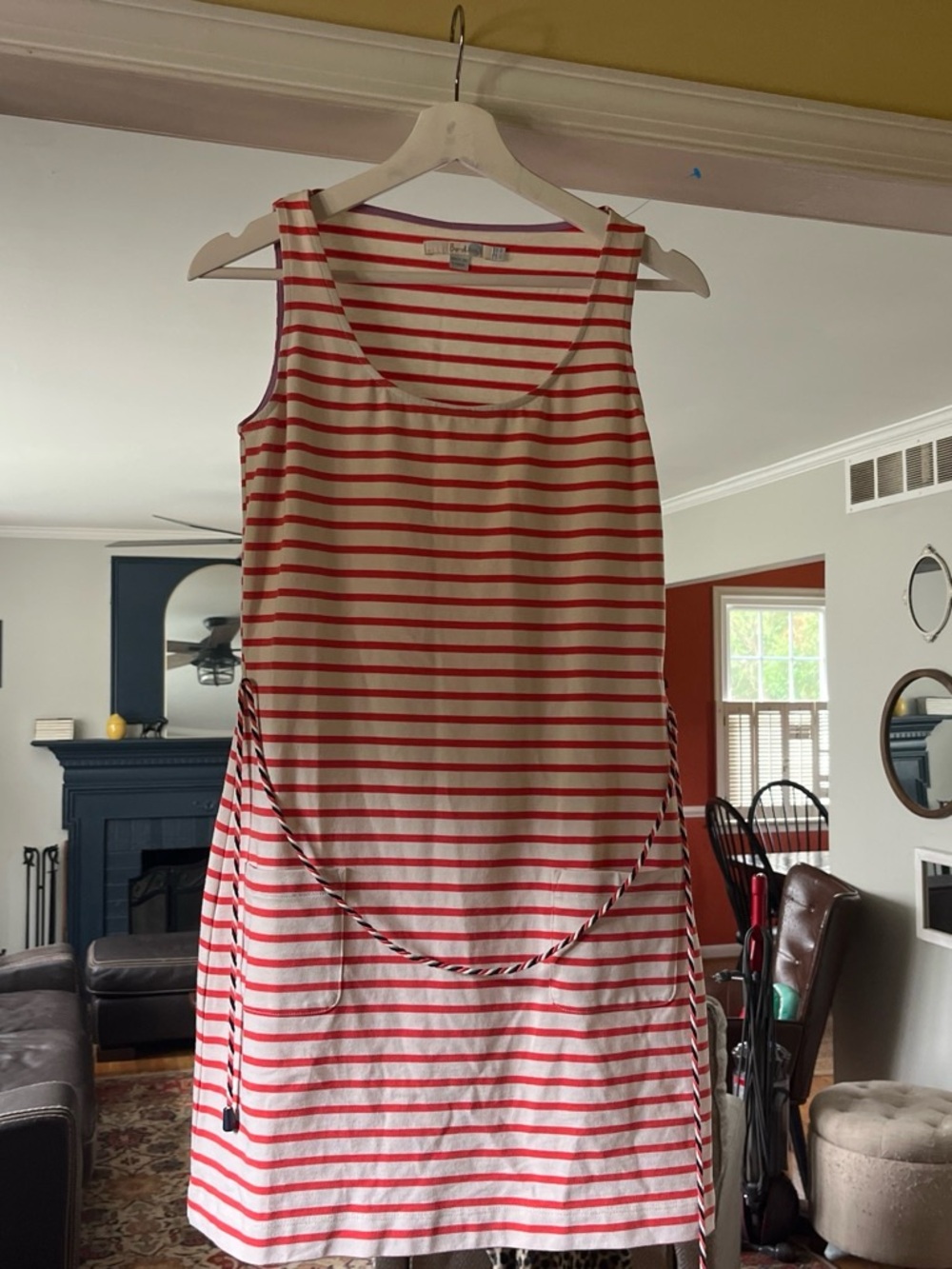 Boden Red and White Striped Sleeveless Midi Dress with Waist Tie